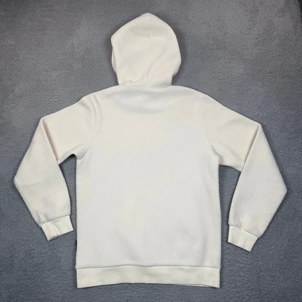 Adidas Mens Sherpa Fleece Hoodie Cream White Embroidered Logo Pullover Medium